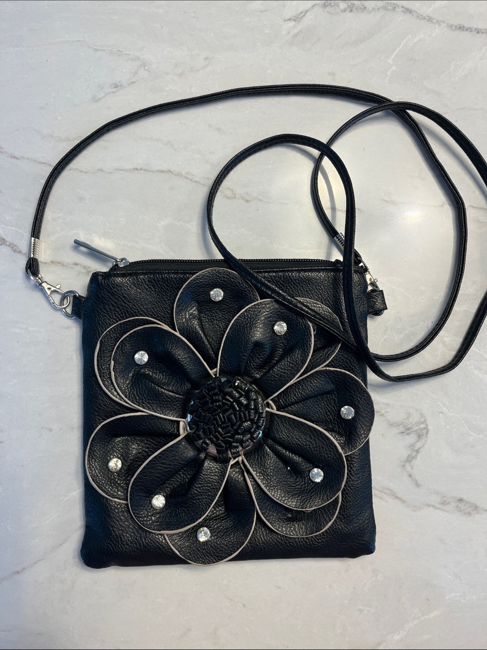 Black Floral Appliqué Crossbody Bag with Crystal Accents
